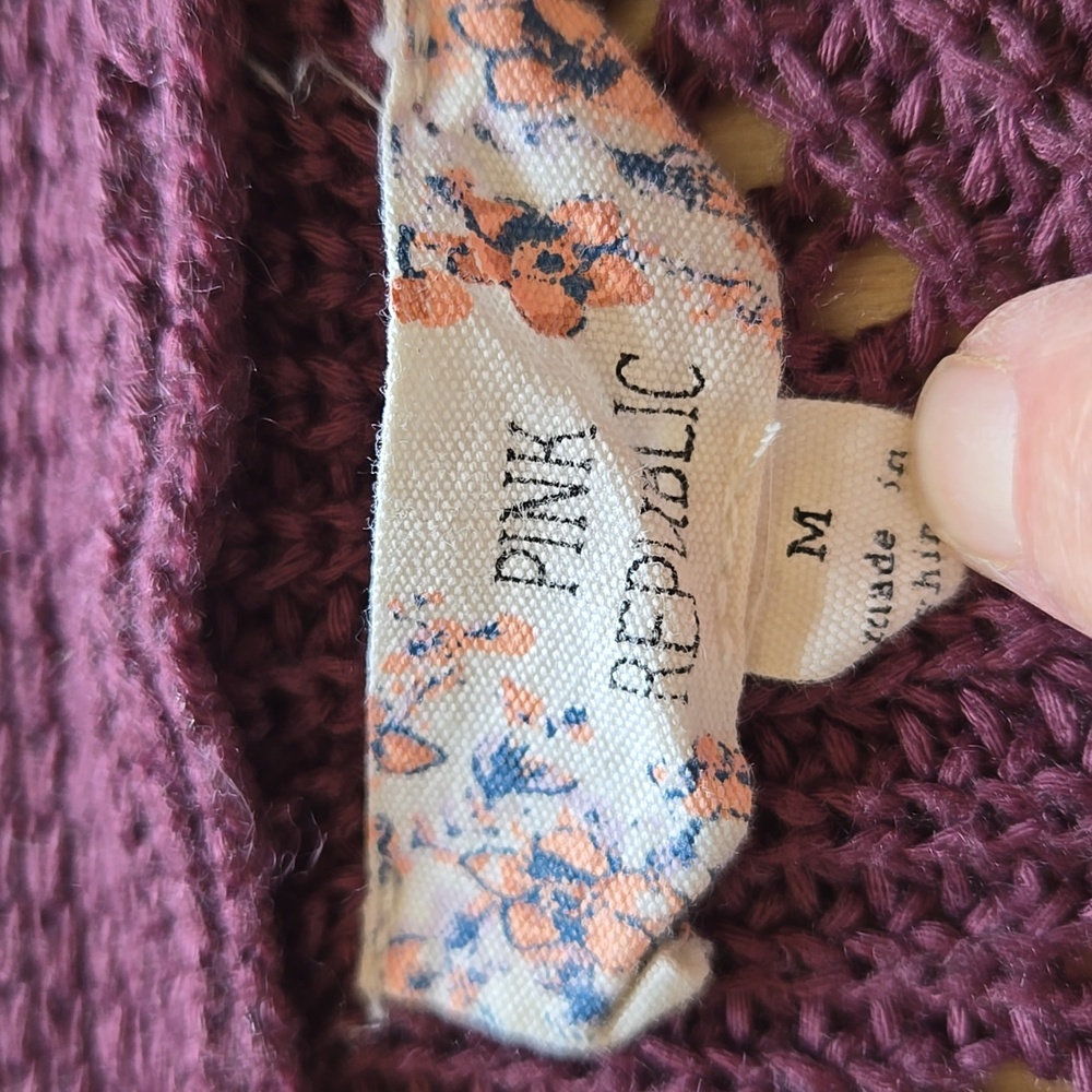 B26 Open Front Cardigan Sweater Pockets Pink Republic Size Md Eggplant Lacy - Picture 6 of 9